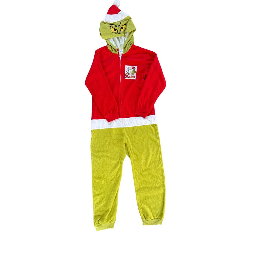 The Grinch Dr Seuss Kids Hooded One Piece Pajamas Red Green Fleece L 10/12